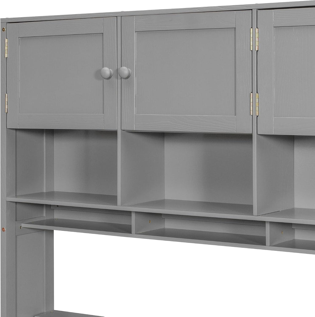 Multifunctional Design Twin Size Platform Bed with All-in-One Vertical Cabinet Bookcase and Desk, Solid Wood Platform Bed Frame with Storage Headboard, Drawers and Shelves (Gray-1.2)