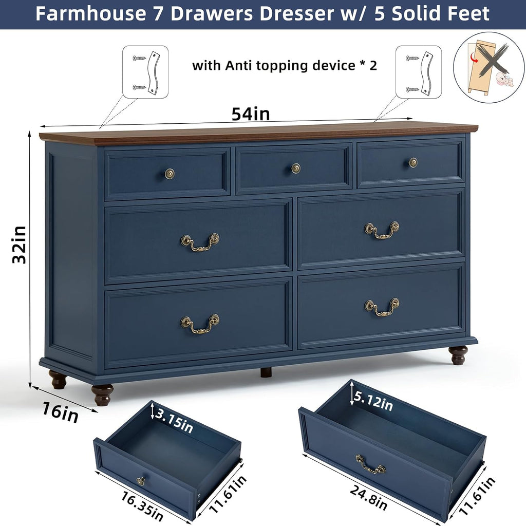 Joaxswe Farmhouse Dresser and Nightstand Sets, Wooden 7 Drawers Dresser & 24' Night Stand with 3 Drawers, 2 Piece Bedroom Furniture Set, Chest of Drawers for Bedroom, Home, Living Room, Hallway