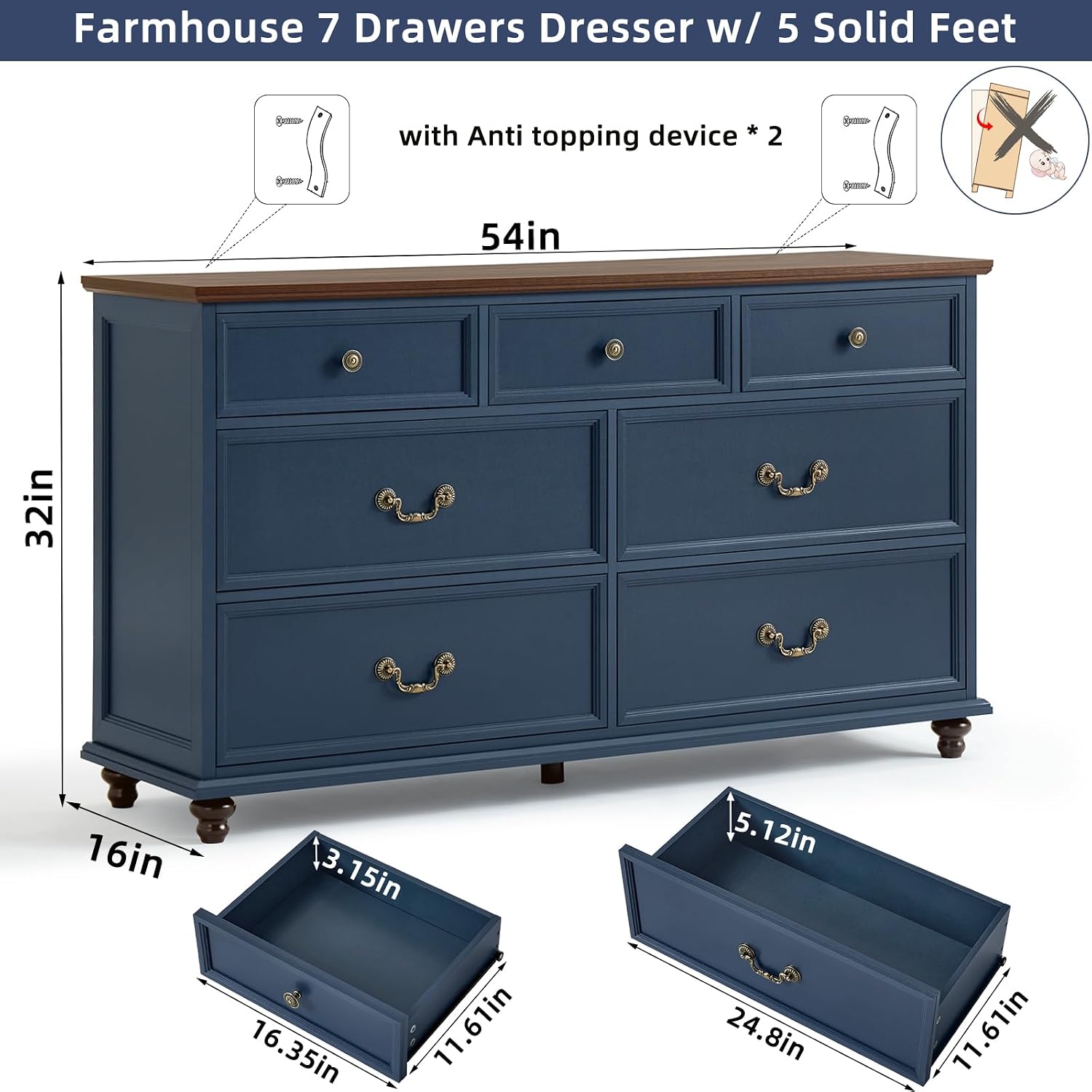 Joaxswe Farmhouse Dresser and Nightstand Sets, Wooden 7 Drawers Dresser & 24' Night Stand with 3 Drawers, 2 Piece Bedroom Furniture Set, Chest of Drawers for Bedroom, Home, Living Room, Hallway