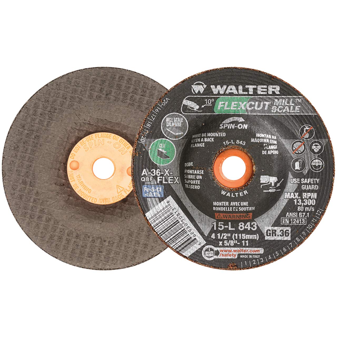 Walter 15L843 4-1/2x5/8-11 Flexcut Mill Scale Spin-On Grinding Wheels Contaminant Free Type 29S Grit 36, 25 pack
