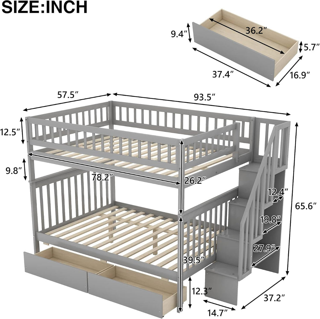 Harper & Bright Designs Full Over Full Stairway Bunk Bed with Two Drawers and Storage, Solid Wood Full Bunk Bed, No Box Spring Required（Grey）