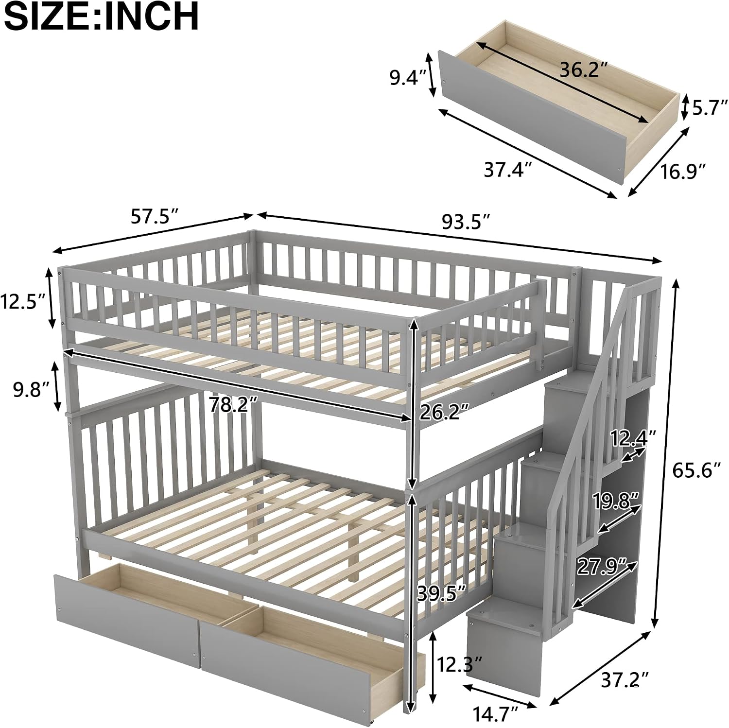 Harper & Bright Designs Full Over Full Stairway Bunk Bed with Two Drawers and Storage, Solid Wood Full Bunk Bed, No Box Spring Required（Grey）