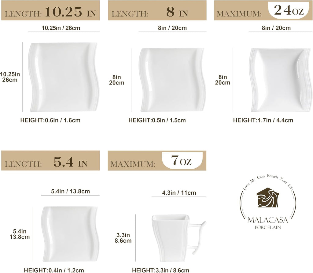MALACASA Ivory White Dinnerware Sets, 30-Piece Porcelain Plates and Bowls Sets, Modern Dish Set for 6, Square Plates Dinnerware Set Kitchen Dishware Sets, Microwave and Dishwasher Safe, Series Flora