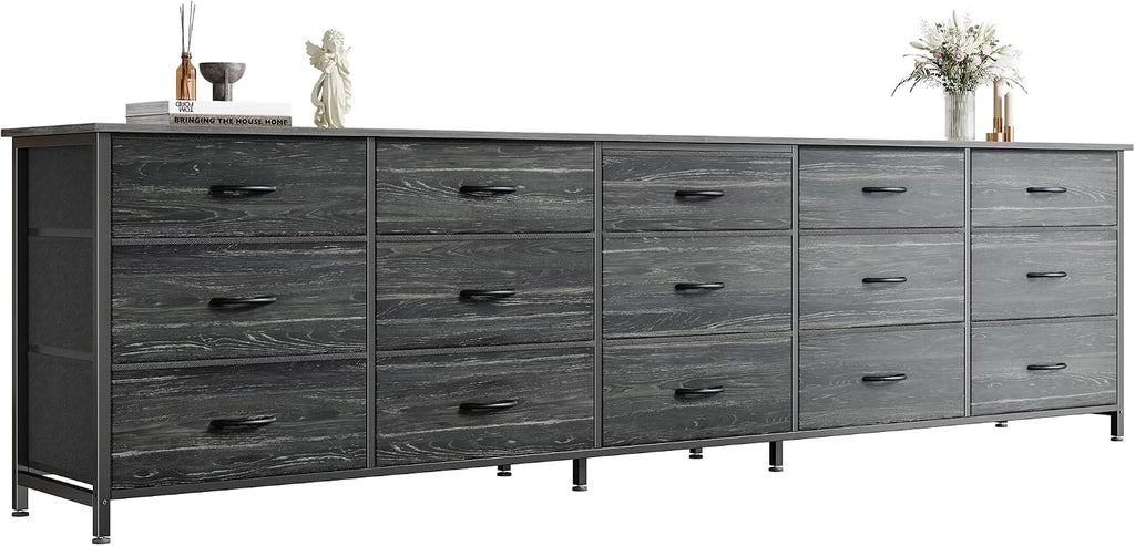 Huuger 78.7 inch Long Dresser for Bedroom, 15 Drawer Fabric Dresser for Closet, Large TV Stand for 65, 75, 85 inch TV, Wide Chest of Drawer with Storage, 78.7' W x 12.9' D x 26.7' H, Charcoal Black