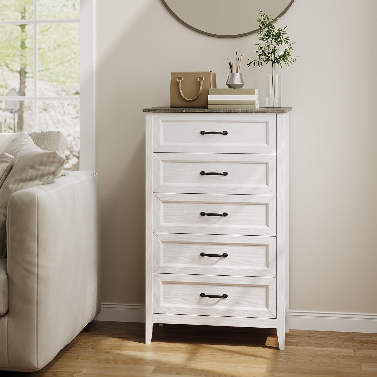 Gizoon 5 Drawer Dresser, 44.8' H Wood Chest of Drawers, White Dresser for Bedroom, with Smooth Rail, Metal Handles, Anti-tip Device, Modern Chest, for Living Room, Hallway, Black