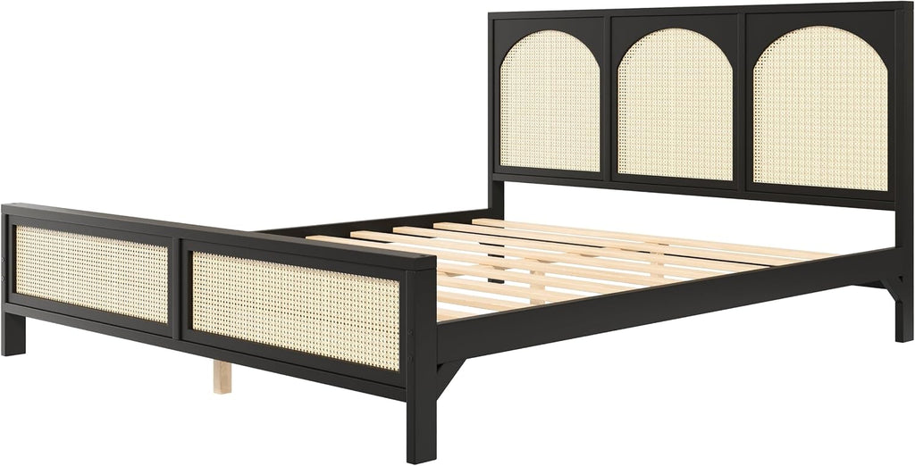 JIVOIT King Size Platform Bed with Rattan Headboard and Footboard, Wood Platform Bed Frame with Wood Slats Support, No Box Spring Needed, Easy Assembly (Black+Beige,King)