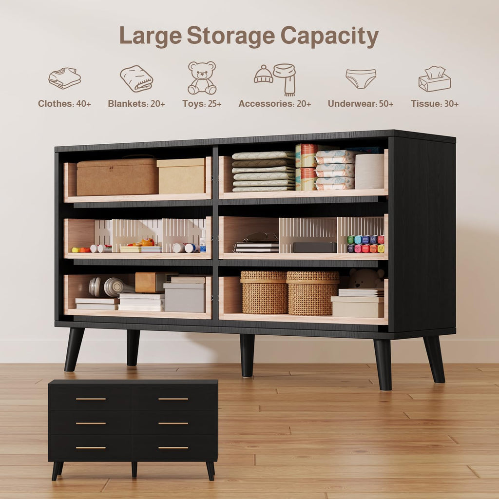 Ahomly 6 Drawer Dresser for Bedroom, Modern Dresser with Anti-Tip Kit, Ample Storage & Silent Gliding Slides, Wooden Chest of Drawers for Living Room, Entryway, Nursery, Black