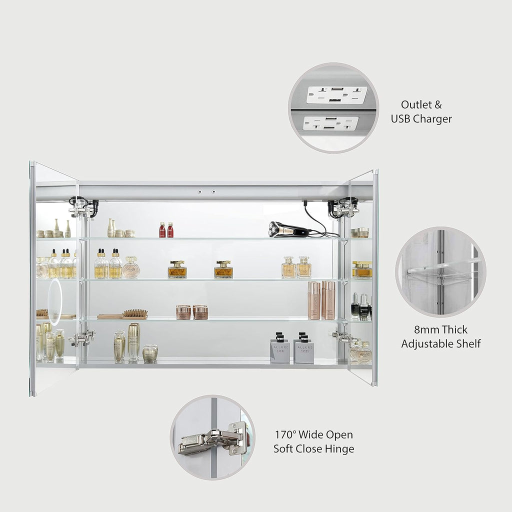 Blossom LED Mirror Medicine Cabinet with Lights, 48x32 Inch, Lighted Bathroom Mirror Medicine Cabinet with Defogger, Recessed/Surface 3X Makeup Mirror, Adjustable Brightness, Outlets & USB, A2(M)-48