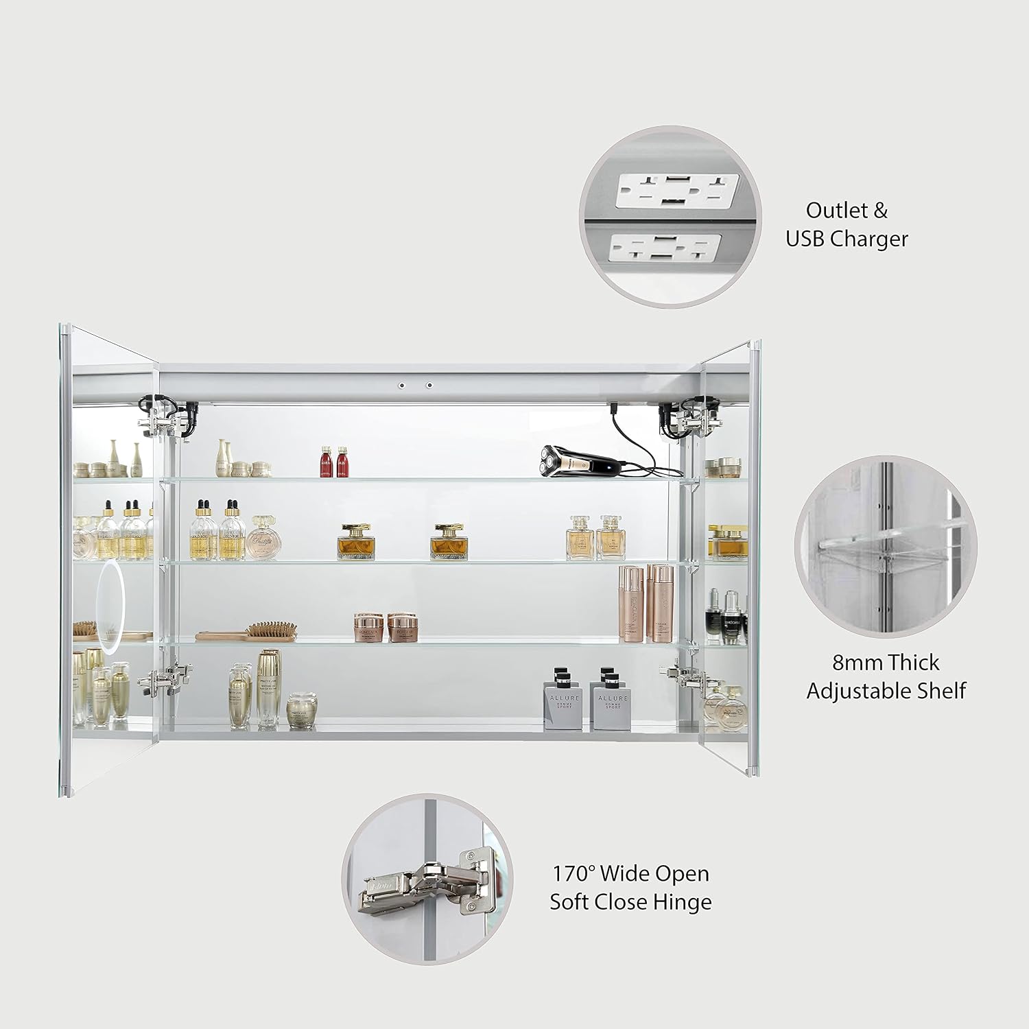 Blossom LED Mirror Medicine Cabinet with Lights, 48x32 Inch, Lighted Bathroom Mirror Medicine Cabinet with Defogger, Recessed/Surface 3X Makeup Mirror, Adjustable Brightness, Outlets & USB, A2(M)-48