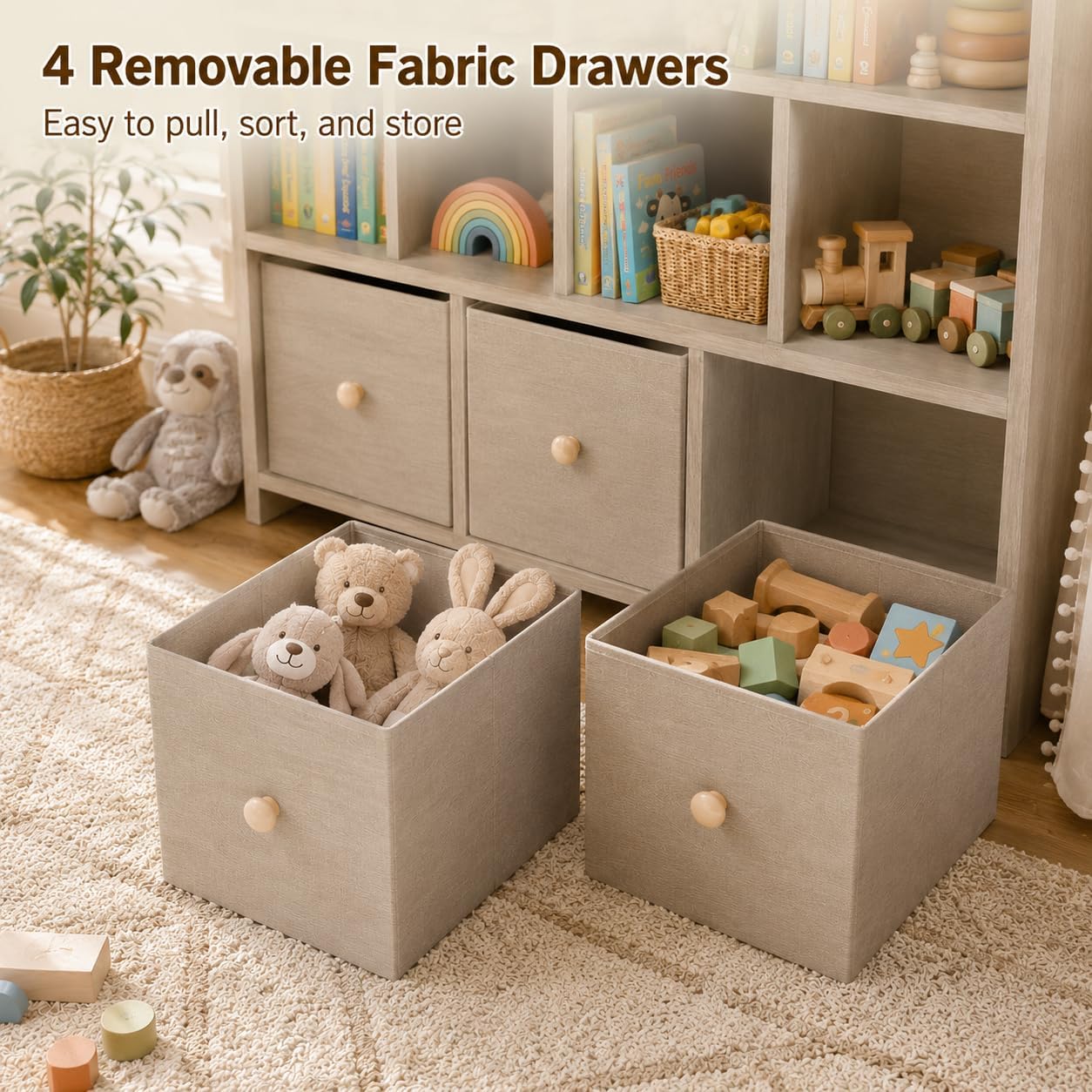 EROMMY 47' H Toy Storage Organizer and Bookcase, Toy Storage with 7 Storage Cubbies & 4 Foldable Drawers, Kids Book Shelf with Anti-tip Design, Modern Kids Furniture for Playroom, Bedroom, Natural