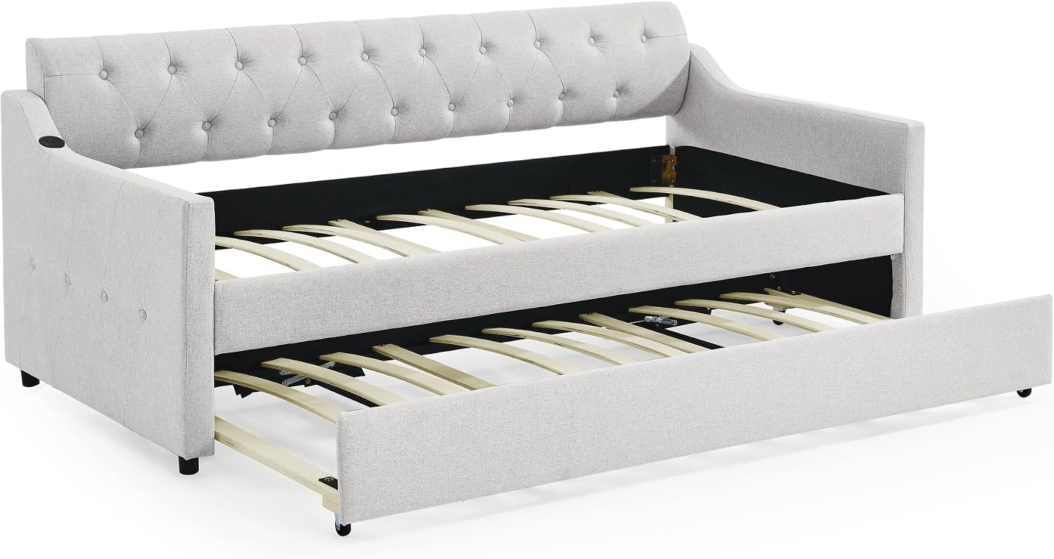 Ball & Cast Twin Size Daybed with Pop Up Trundle, Button Tufted Linen Sofa Day Bed Frame with USB Port,Twin to King Trundle Bed for Bedroom, Living Room, No Box Spring Needed,Beige