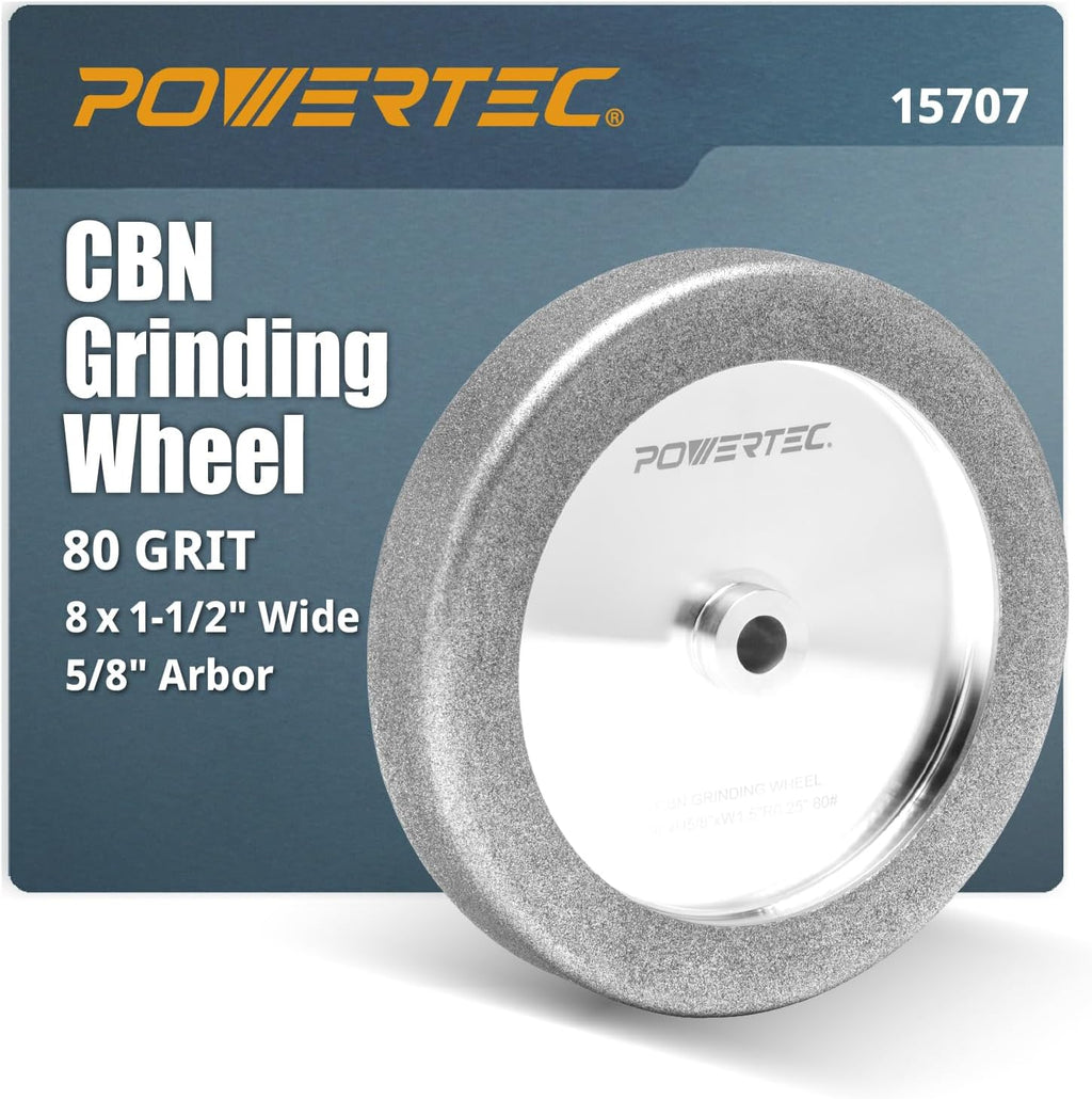 POWERTEC CBN Grinding Wheel 8 Inch 80 Grit, 1-1/2' Wide, 5/8' Arbor – 4-in-1 CBN Sharpening Wheel with 1/4' Radius Edge and Side Face for Bench Grinder (15707)