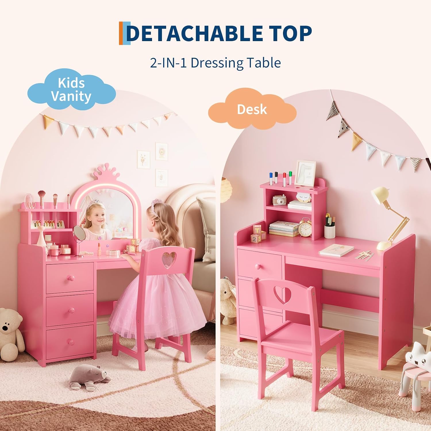 Garvee Kids Vanity with Lights, 2 in-1 Wooden Toddler Vanity Table with Stool & Drawer,Princess Pretend Play Makeup Vanity Princess Makeup Desk Dressing Table for Little Girls,Christmas Birthday Gift