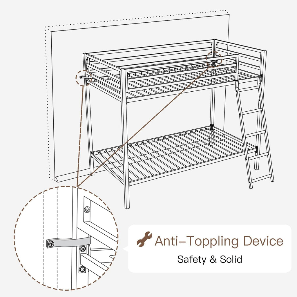 ikalido Metal Loft Bunk Bed Twin Over Twin Size with Safety Guardrail and Ladder, No Box Spring Needed Space Saving Bedroom Furniture, Cream White