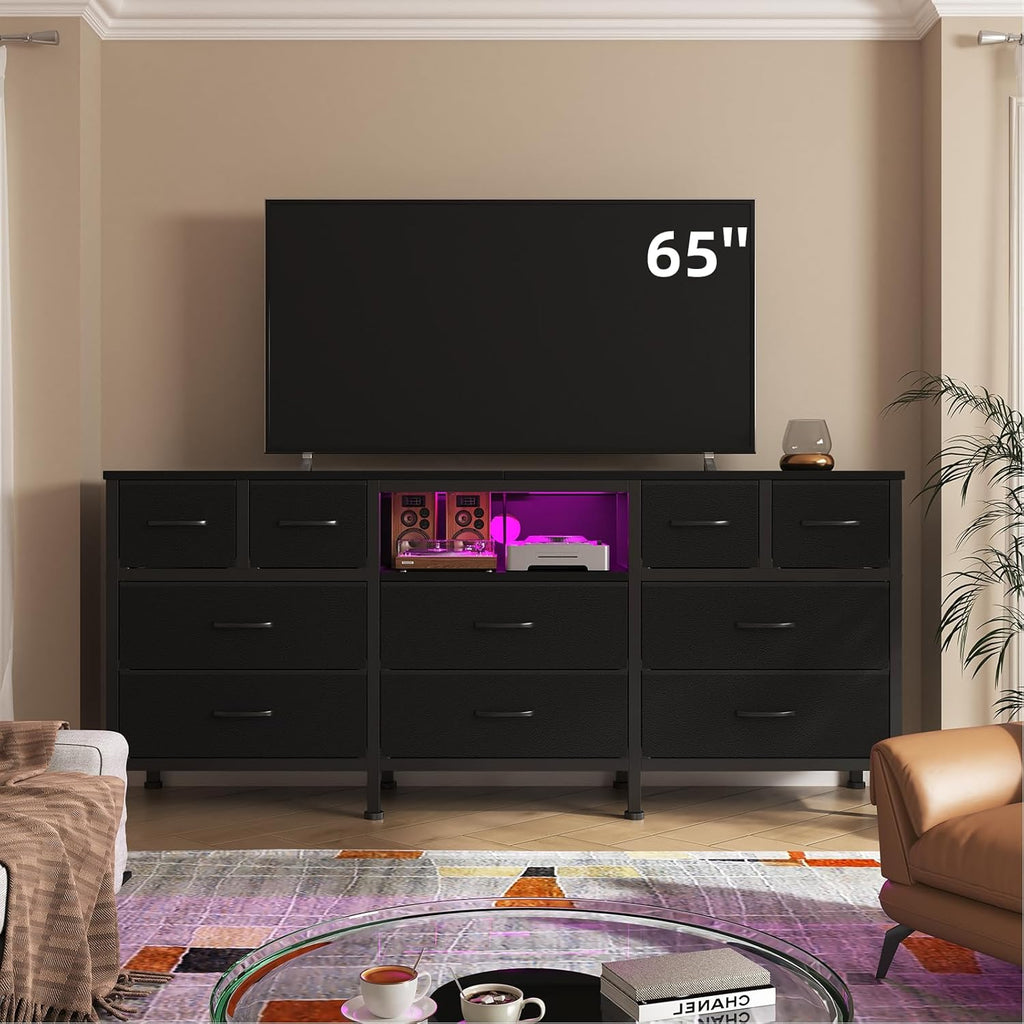 Black Dresser for Bedroom with LED Lights and Power Outlets, 55' TV Stand with 10 Drawers & Open Shelves, Fabric Chest of Drawers with PU Finish, Metal Frame, Wood Top