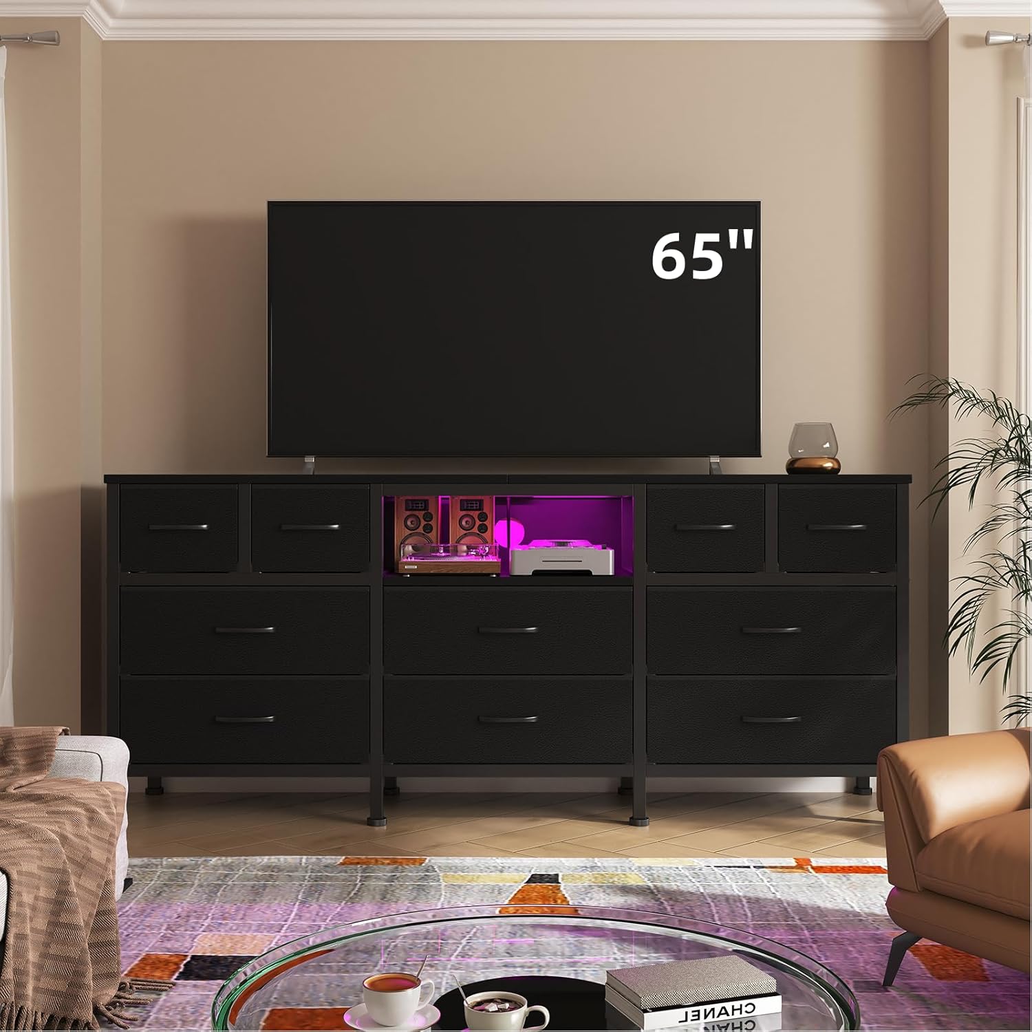 Black Dresser for Bedroom with LED Lights and Power Outlets, 55' TV Stand with 10 Drawers & Open Shelves, Fabric Chest of Drawers with PU Finish, Metal Frame, Wood Top