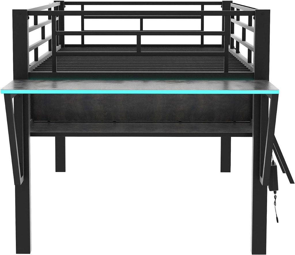 Twin Size Mid Metal Loft Gaming Bed with Desk and LED Lights, Modern Steel Loft Bed Frame with Inclined Ladder and Safety Guardrail for Kids Teens Girls Boys, No Box Spring Needed (Black-08, Twin)