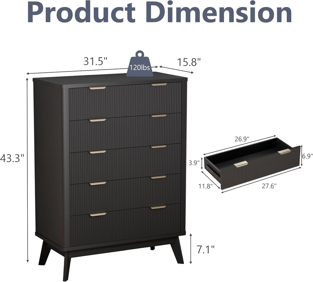Royal Windsor Fluted 5 Drawers Dresser for Bedroom,43' Tall Wooden Dresser Chest of Drawers,Curved Profile Design,Storage Organizer for Living Room,Hallway,Black