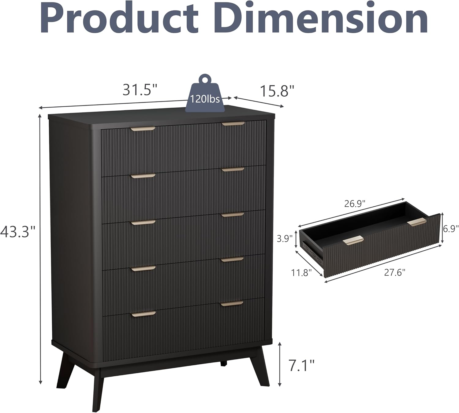 Royal Windsor Fluted 5 Drawers Dresser for Bedroom,43' Tall Wooden Dresser Chest of Drawers,Curved Profile Design,Storage Organizer for Living Room,Hallway,Black