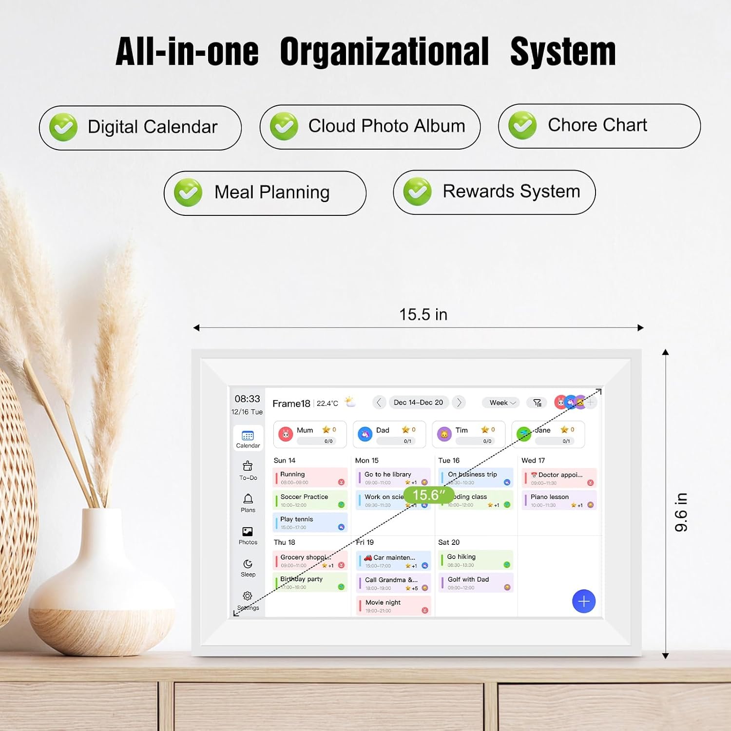 15.6' Smart Digital Wall Calendar Interactive Display for Family Schedules Wall Planner with Chore Charts Meal Planning Task Rewards 64GB Storage 1920x1080P IPS Touchscreen Digital Picture Frame White