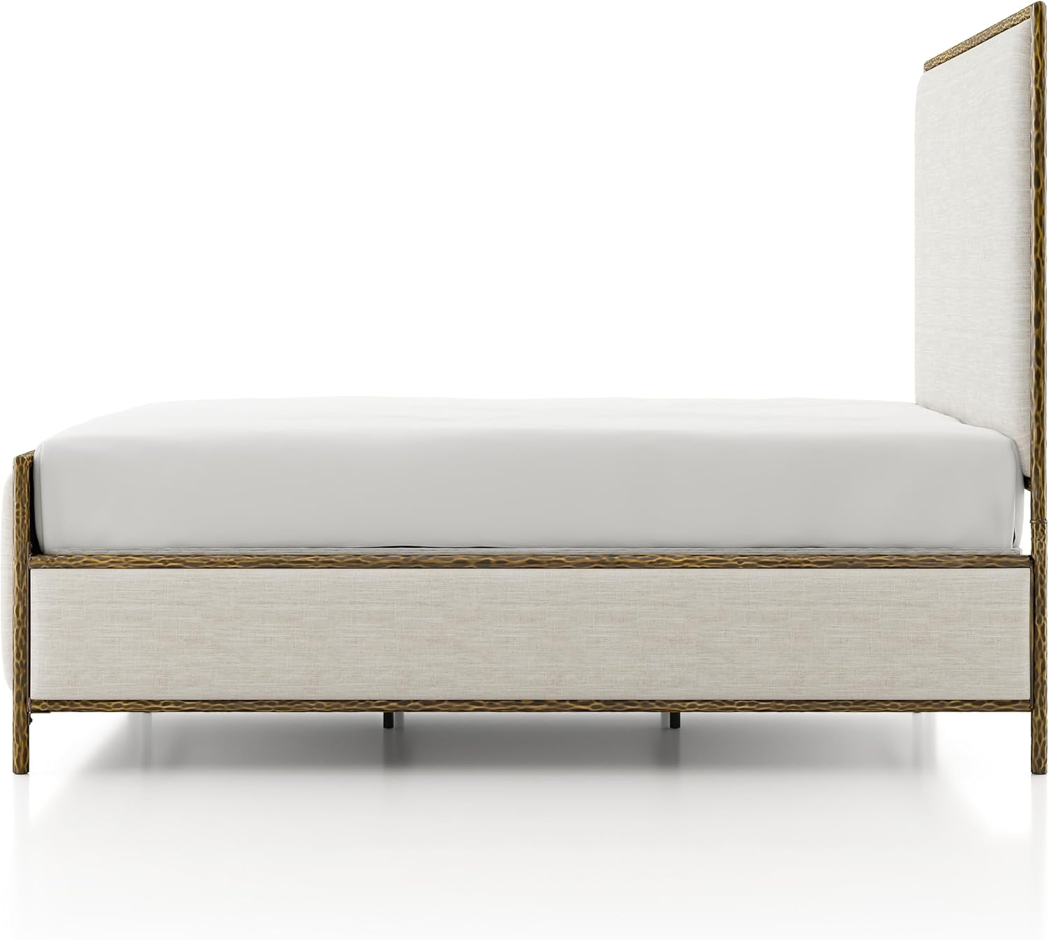 24/7 Shop at Home Lalia Hammered Metal 4-Piece Bedroom Collection, Upholstered Bed Frame with Beige Fabric Headboard, Bench and 1-Shelf Nightstands, Foundation Required, Full, Matte Gold