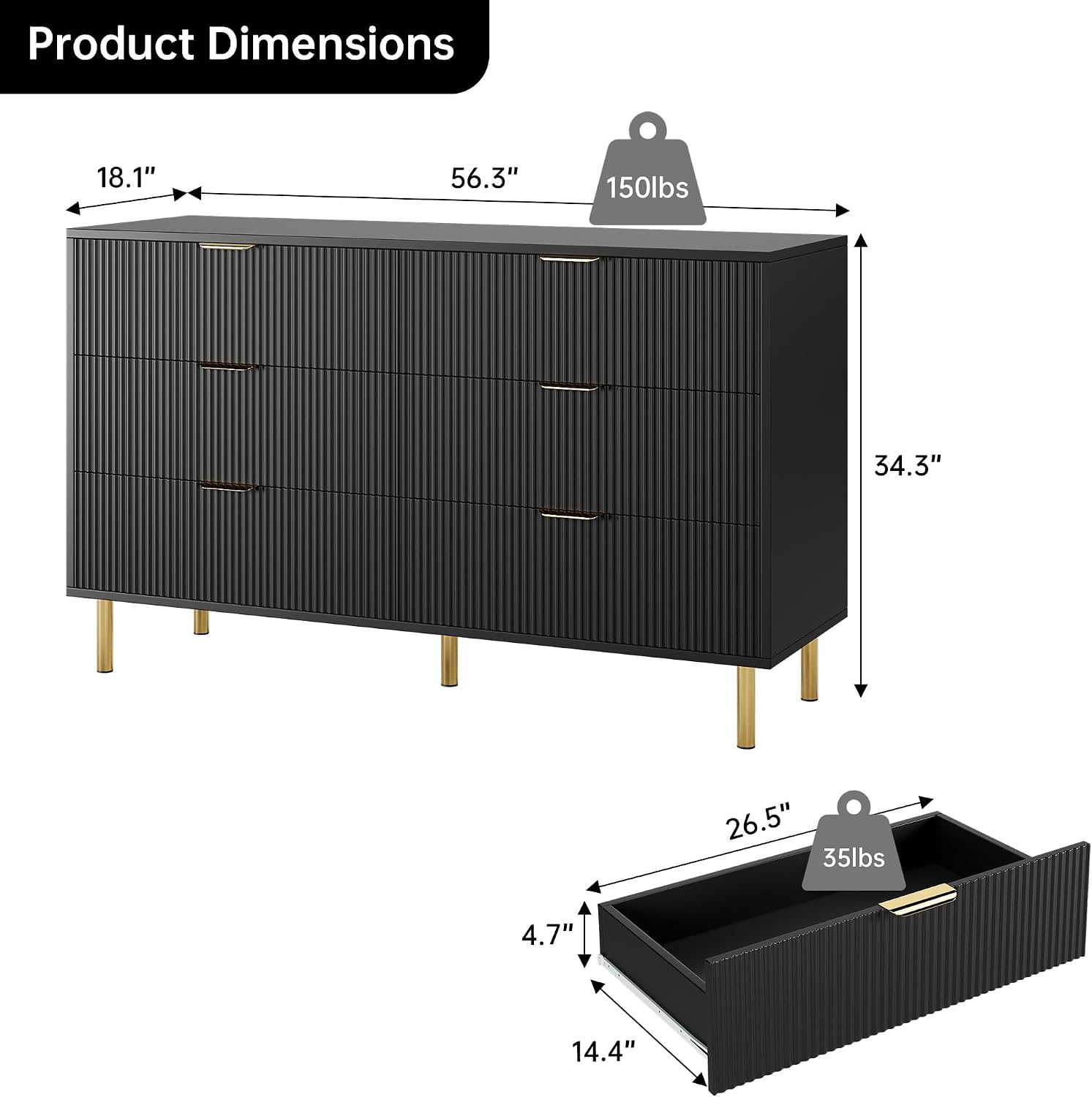 GarveeHome Black Dresser, Modern 6 Drawer Dresser for Bedroom with Gold Handle and Large Drawer, Wood Double Chest of Drawers and Storage Organizer for Living Room, Hallway, Entryway