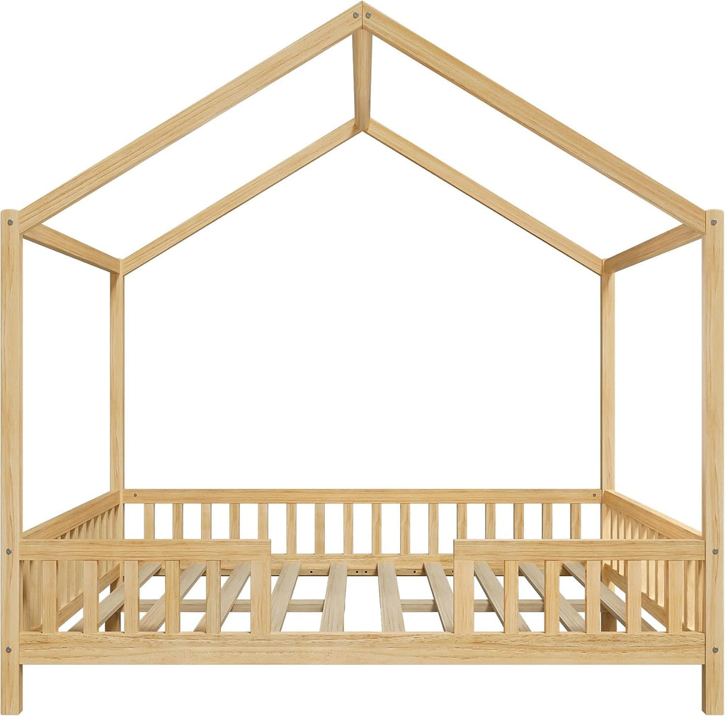 Full Size House-Shape Bed with Canopy and High Railings, Wood Kids Bed Frame with Roof (Natural, Full)
