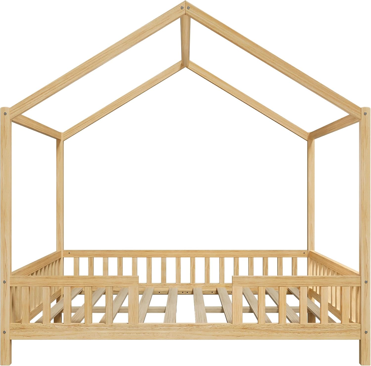 Full Size House-Shape Bed with Canopy and High Railings, Wood Kids Bed Frame with Roof (Natural, Full)