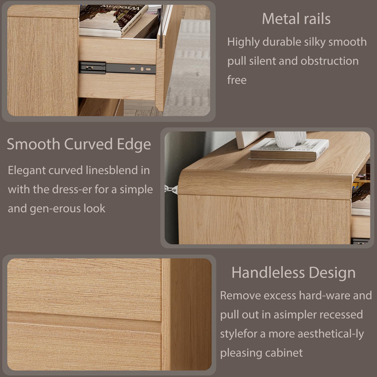 Ieejdn 47.2' Dresser with 6 Drawer, Wide Dresser with Recessed Glass Display & Silent Metal Rails, Handleless Chest of Drawers for Clothes, and Bedding, Oak