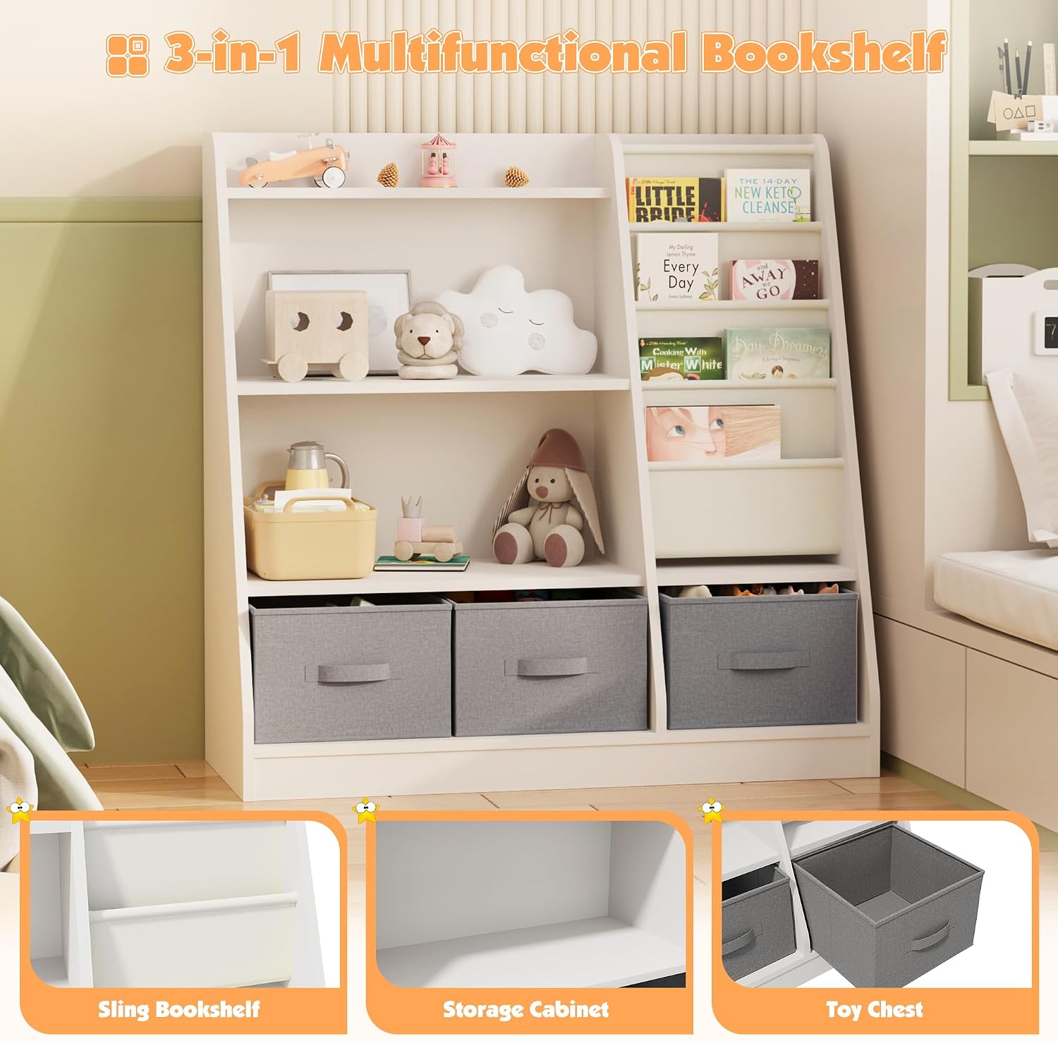 NACHES Kids Bookshelf and Toy Storage Organizer, Montessori Nursery Book Shelves with Sling Rack & Fabric Toy Bins, Toddler Baby Bookcase, Wooden Toy Shelf for Kids Room, Playroom, White-White