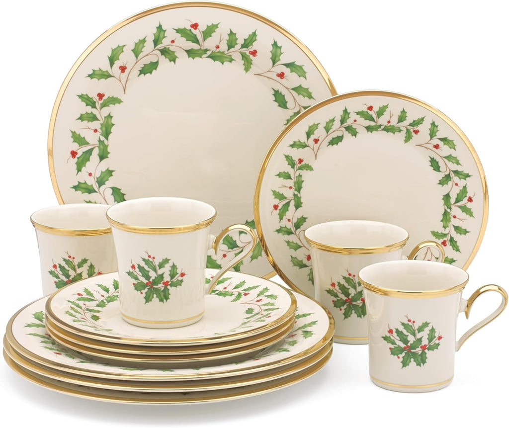 Lenox Dinnerware Set, Holiday 12-Piece Set, Service For 4, Porcelain Plate, Berry Motif With 24-Karat Gold Accents, Christmas Dinner Plates, Salad Plates And Mugs, Dishwasher Safe (Assorted, 12 Piece)