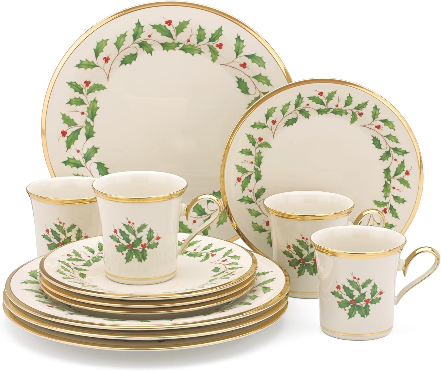 Lenox Dinnerware Set, Holiday 12-Piece Set, Service For 4, Porcelain Plate, Berry Motif With 24-Karat Gold Accents, Christmas Dinner Plates, Salad Plates And Mugs, Dishwasher Safe (Assorted, 12 Piece)
