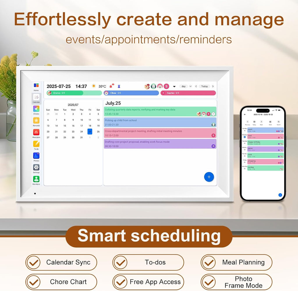 15.6 Inch Digital Calendar, Smart Family Organizer with 1920x1080 IPS Touchscreen, 64GB WiFi Electronic Chore Chart & Meal Planner, Wall Mountable Desk Display for Home (White)