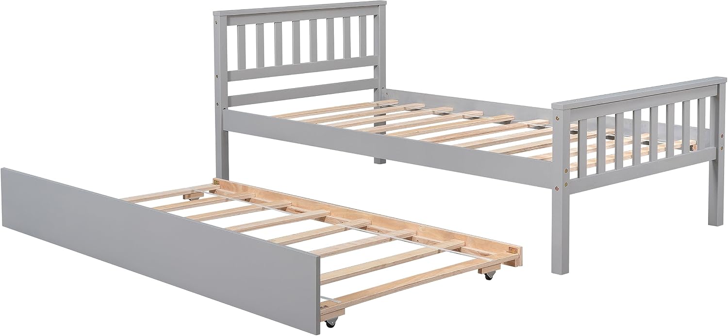 PVWIIK Twin Daybed with Trundle for Kids Bedroom,Wood Platform Bed Frame with Headboard and Footboard for Small Living Space,No Box Spring Needed,Grey
