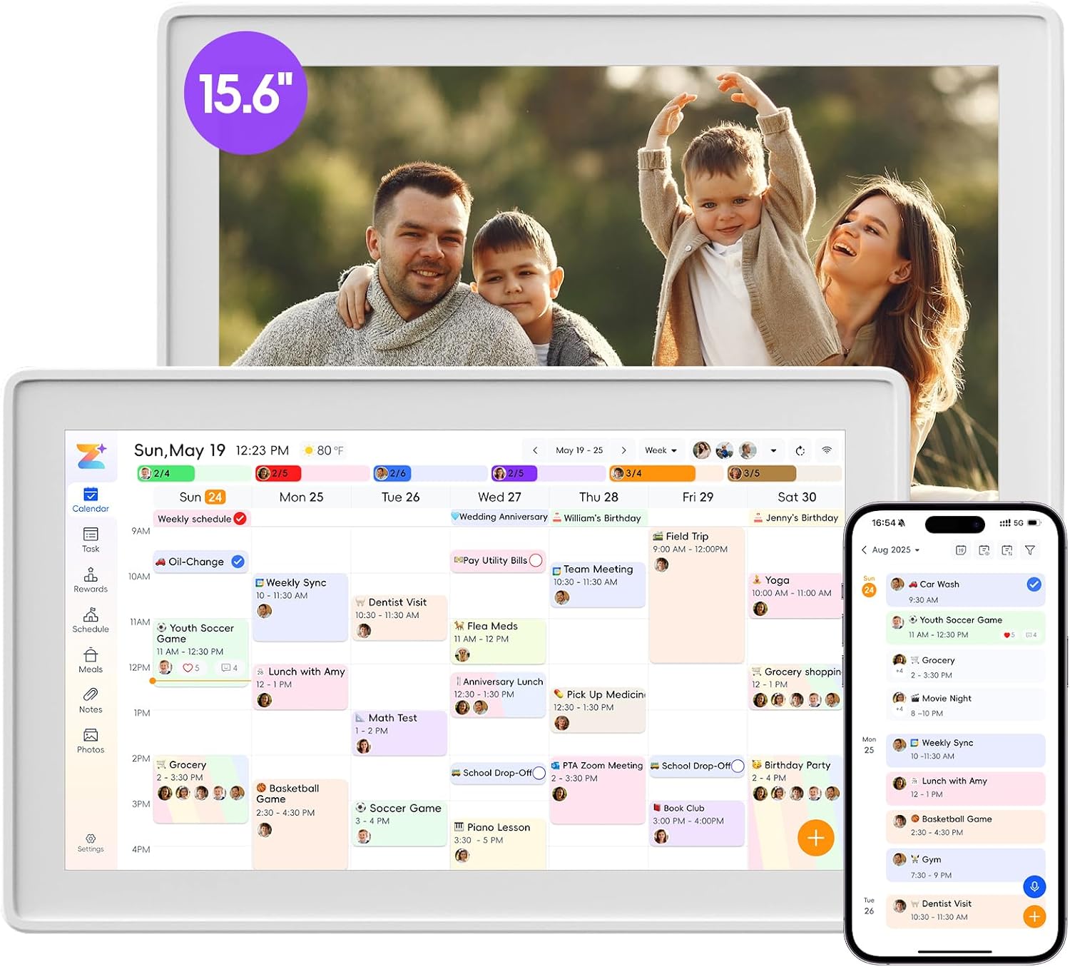 Kinstone 15.6' Digital Calendar, No Subscription Smart Wall Planner, Digital Photo Frame, Interactive Touchscreen Display with Sync for Chore Chart, Meal Planner, Task&Reward, Wall & Desk Mountable