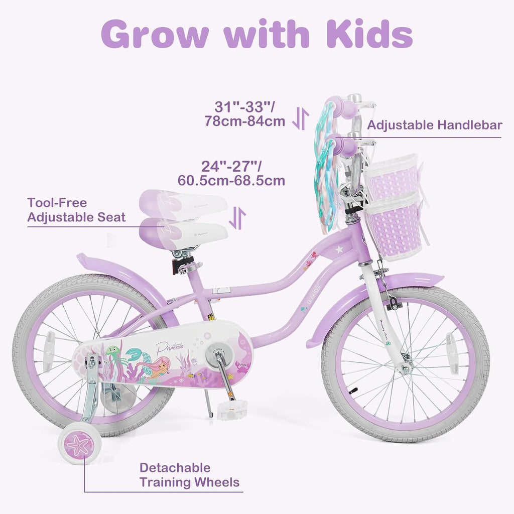 Olakids Kids Bike, 12 14 16 18 20 Inch Mermaid Theme Girls Bicycle with Training Wheels Basket Adjustable Seat and Handlebar Dual Brake