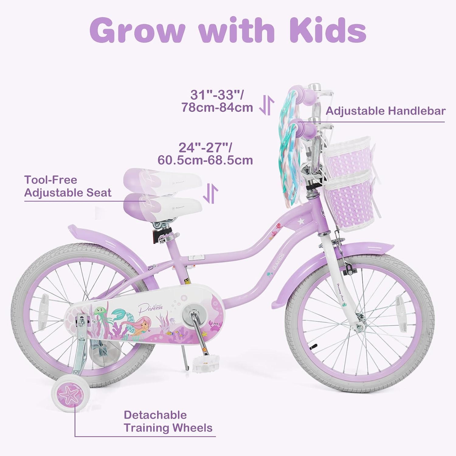 Olakids Kids Bike, 12 14 16 18 20 Inch Mermaid Theme Girls Bicycle with Training Wheels Basket Adjustable Seat and Handlebar Dual Brake