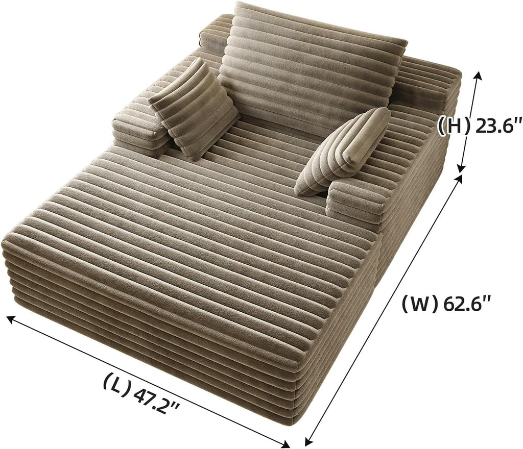 Oversized Chaise Lounge Chair Indoor, 62.6' Cloud Boneless Sleeper Couch Corduroy Upholstered Sofa Bed Deep Seat Comfy Reading Chair with 3 Pillows for Living Room Bedroom, Camel