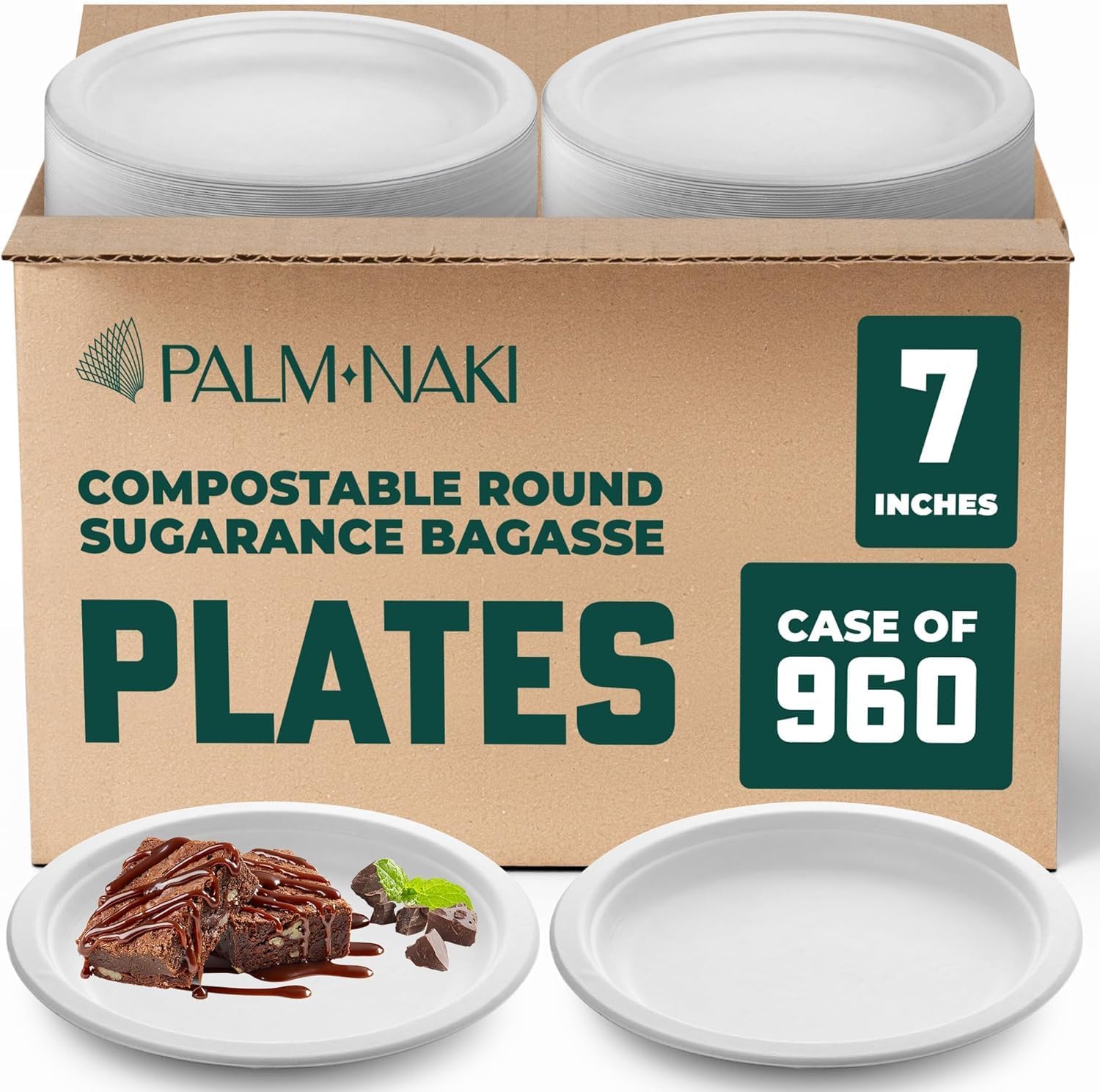 Bulk Case: 7' Heavy Duty Paper Plates | Compostable & Biodegradable | Made from Sugarcane Bagasse | Leak-Resistant & Sturdy | Microwave Safe | PFAS-Free | 7 Inch | 12 x 80-Pack (960 Pcs) | Palm Naki