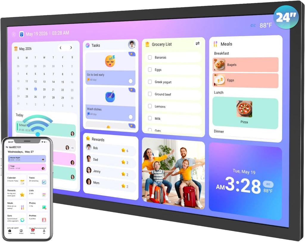 24' Digital Calendar Chore-Chart for-Family-Schedule - Interactive Touchscreen Display Electronic Calendar, Star Reward, Sync Online iCloud Outlook Calendar Via App, Wall Mount, Gift for Mother Father