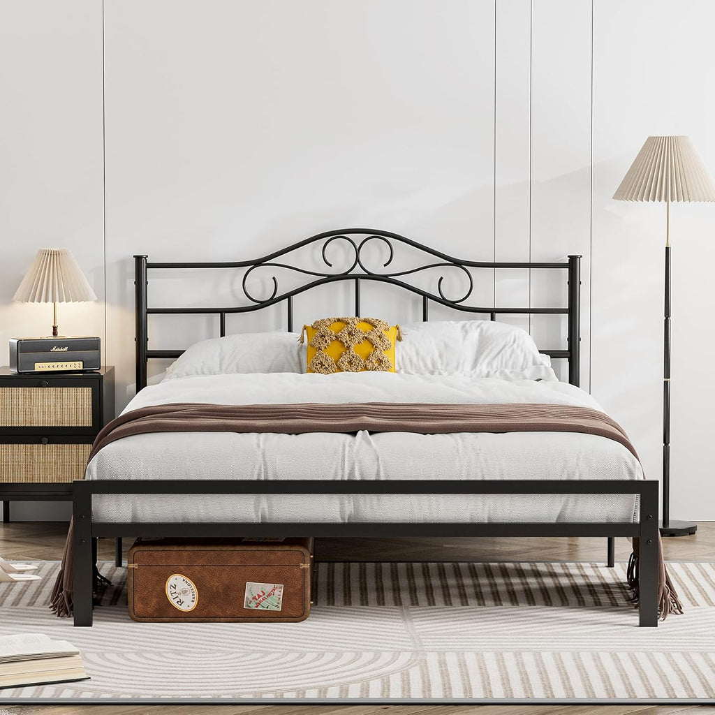 IKIFLY Metal Queen Size Headboard, Adjustable Height, Heavy Duty Steel Curved Queen Headboard Only for Bedroom, Farmhouse Scrollwork Design, Easy Assembly, Attach Frame, Black