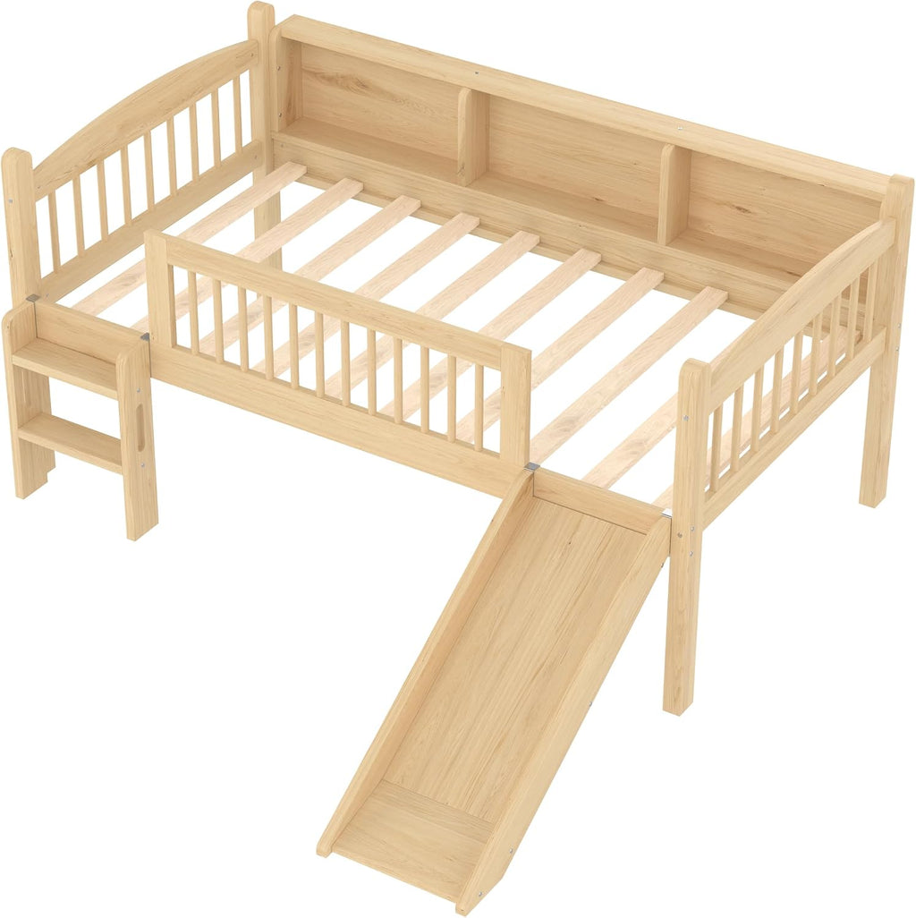 JIVOIT Twin Loft Bed with Storage Shelves, Solid Wood Lower Loft Bed with Full-Length Guardrails, Wood Slats Support, Space-Saving Design, No Box Spring Needed (Natural,Twin,51)