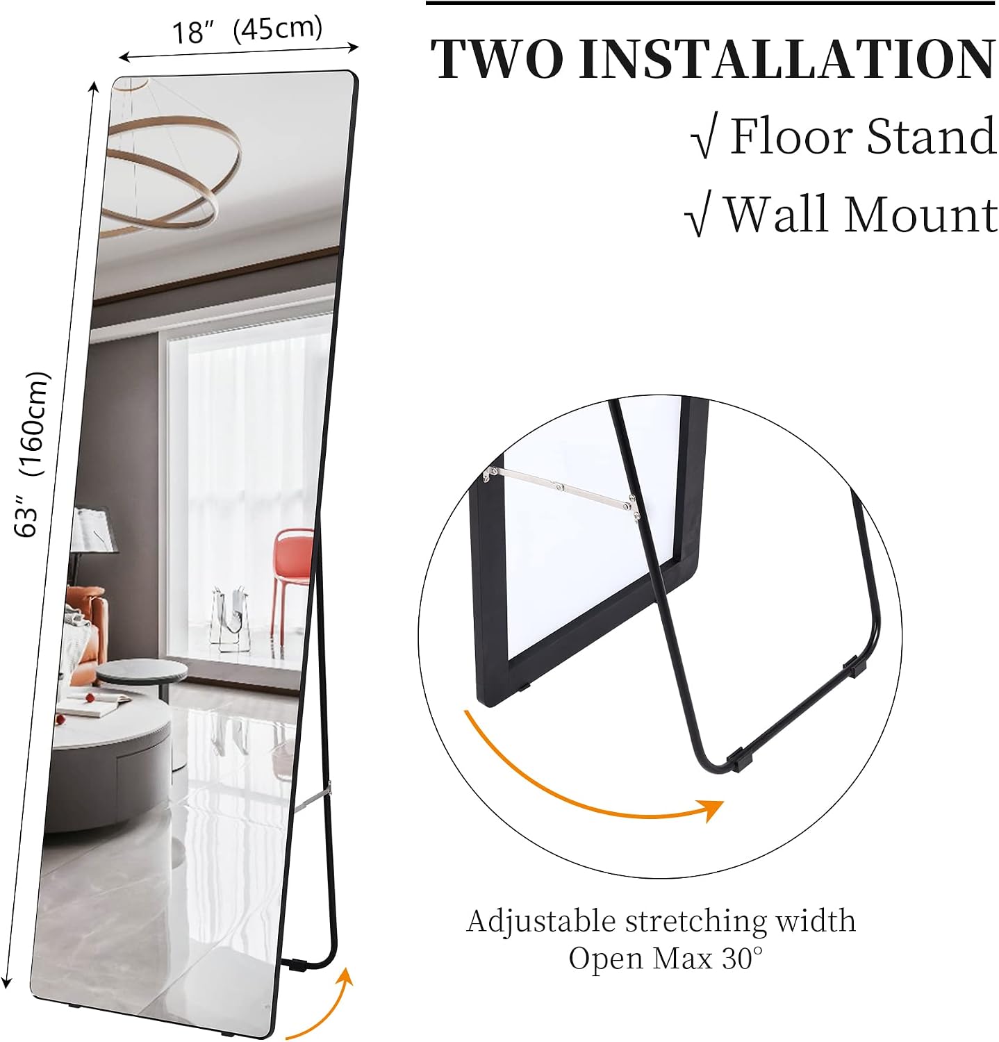 Vlsrka 63' x 18' Full Length Mirror - Floor Standing, Wall Mirror, Stand Up - Large, Tall, Full Size for Bedroom, Living Room (Black)