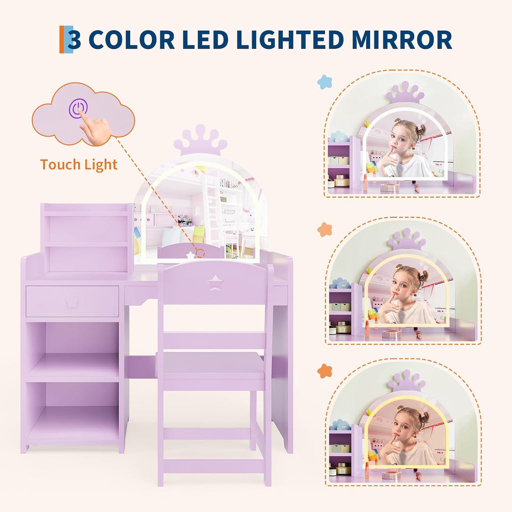 Garvee Kids Vanity with Lights, 2 in 1 Princess Makeup Vanity Desk Toddler Vanity Table & Chair Set with Open Bookshelf, Storage Cabinet & Shelves for Little Girls, Purple
