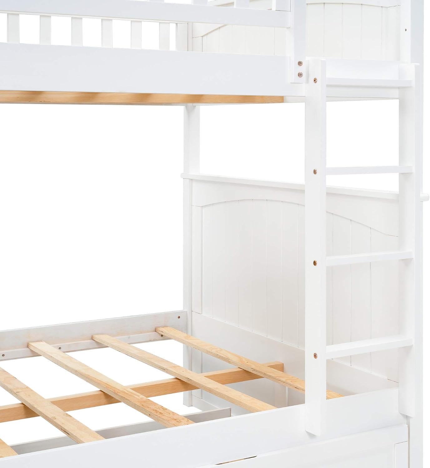 SOFTSEA Full Over Full Bunk Bed with Trundle for 3, Wood Bunk Beds with Trundle for Kids Teens, Divided Into Two Separate Full Beds, Space Saving, No Box Spring Needed, White