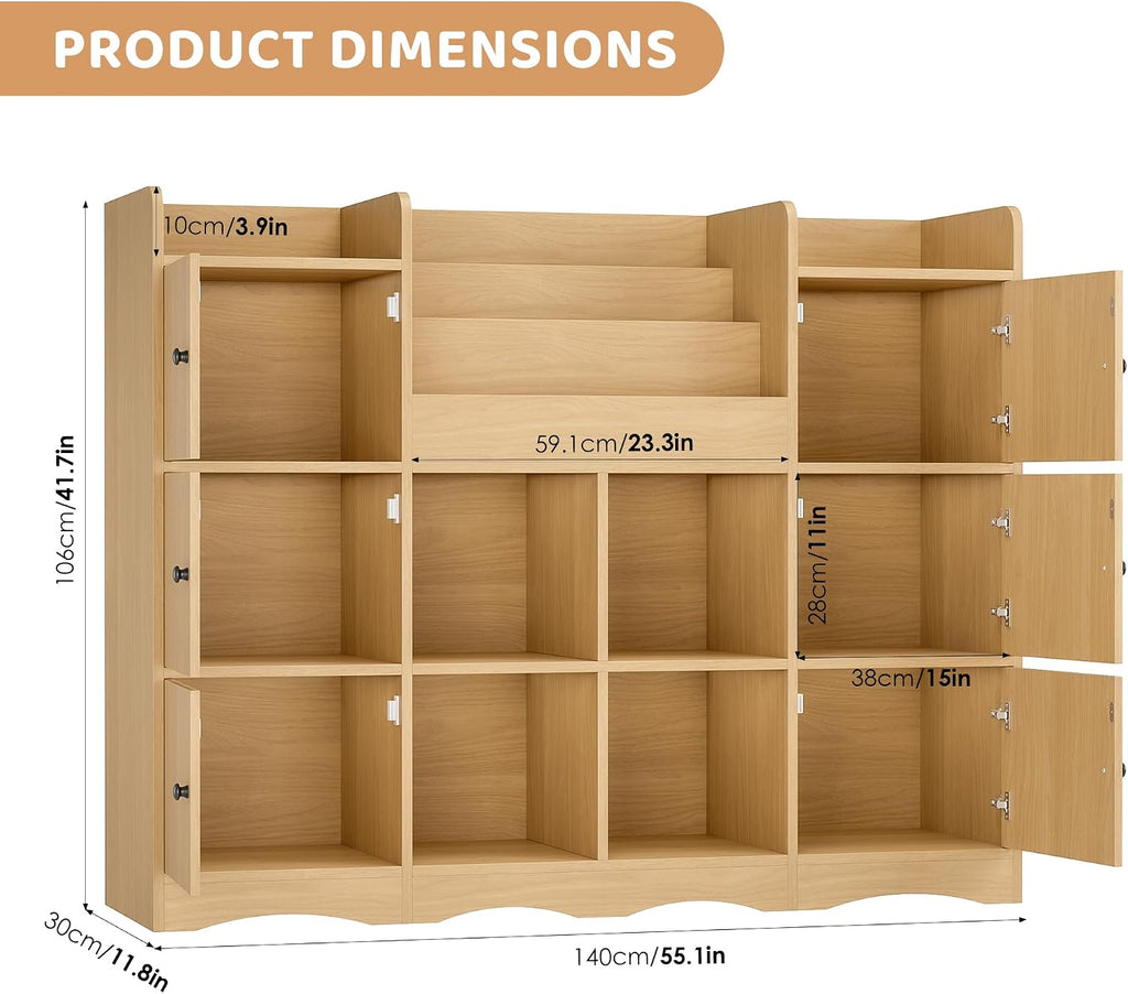 FINETONES Toy Shelf and Toy Storage, 55' Large Kids Bookshelf Toy Organizers and Storage with 10 Cubbies and 4 Tier Shelf, Toy Organizer and Chest with Raised-Edge Top Shelf for Playroom, Natural
