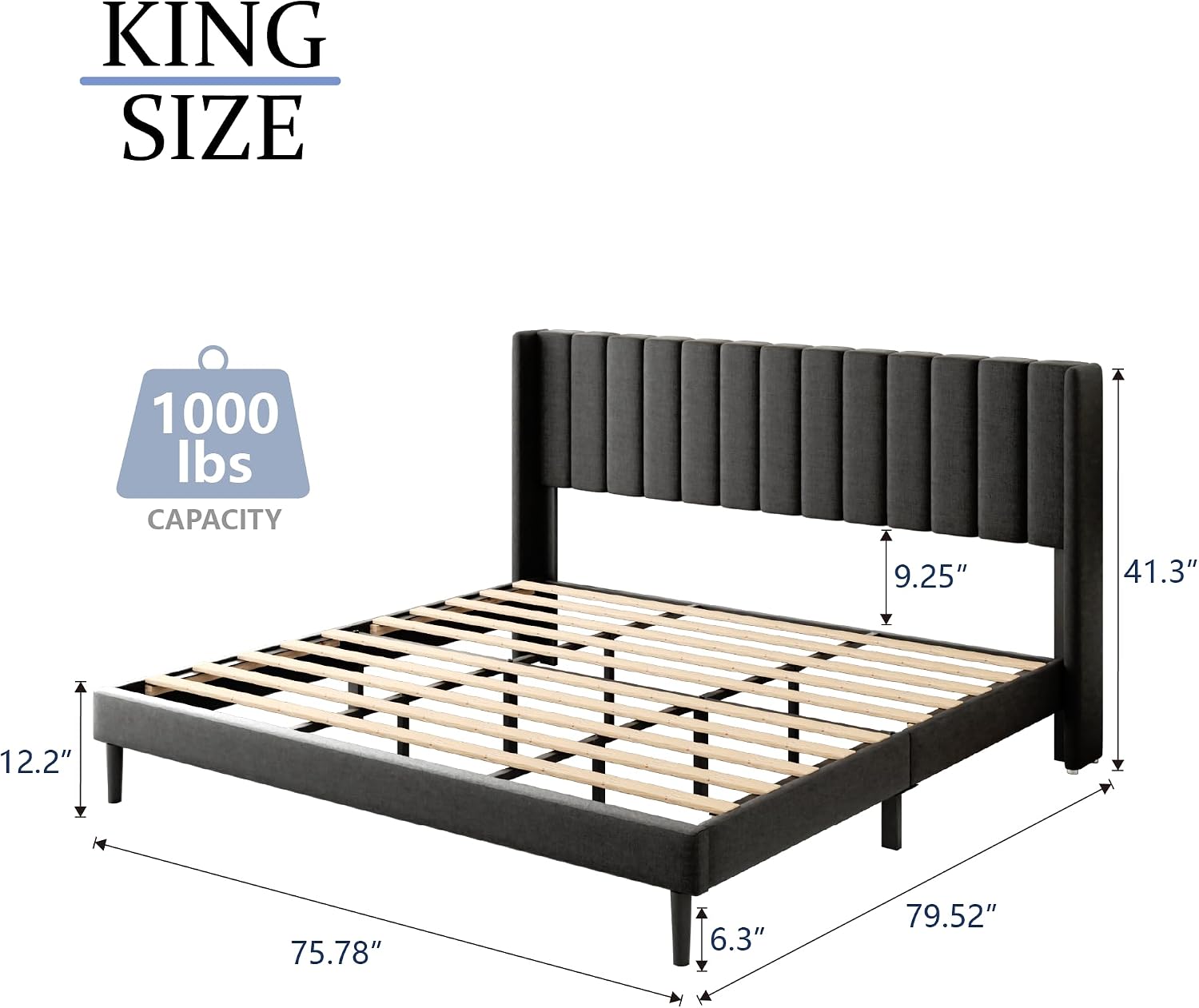 Gruwans King Size Bed Frame with Wingback Headboard, Upholstered Platform Bed, No Box Spring Needed, Sturdy Wooden Slat Support, Easy Assembly, Dark Gray