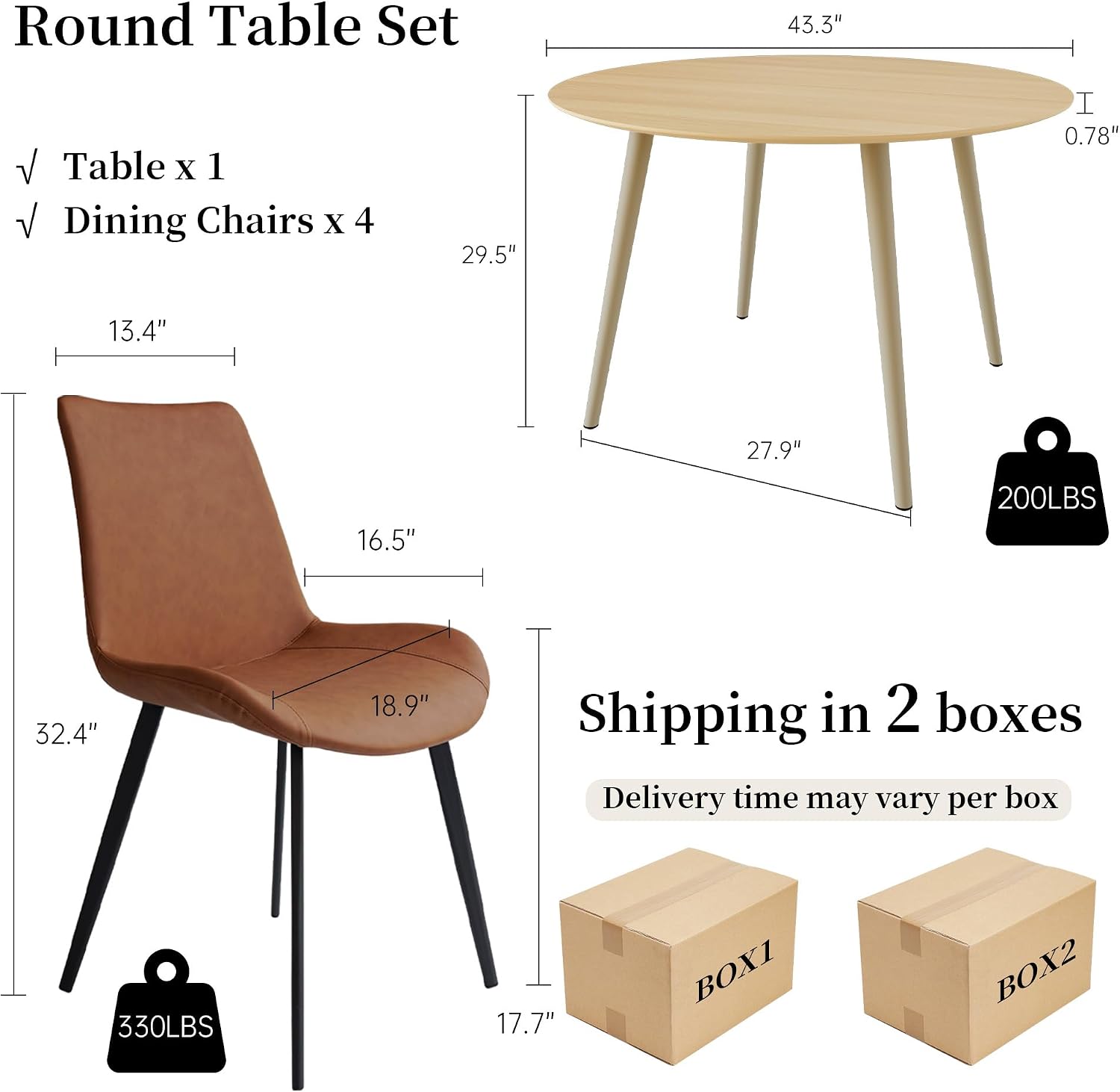 HIPIHOM 43.3 Inch Round Dining Table Set for 4, Modern Small Kitchen Coffee Set for Dining Room Kitchen Apartment (Cream Table + 4 Brown Chairs)