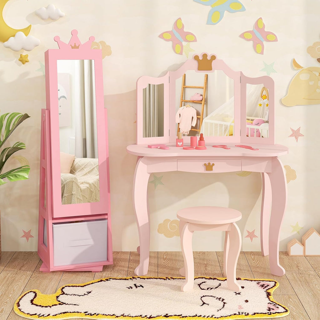 HONEY JOY 2 Piece Kids Vanity Set & Jewelry Armoire Cabinet, Crown Wooden Makeup Table & Chair Set, Dress Up Jewelry Organizer w/Full-Length Mirror, Kids Bedroom Furniture for Girls Playroom (Pink)