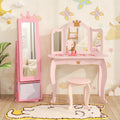 HONEY JOY 2 Piece Kids Vanity Set & Jewelry Armoire Cabinet, Crown Wooden Makeup Table & Chair Set, Dress Up Jewelry Organizer w/Full-Length Mirror, Kids Bedroom Furniture for Girls Playroom (Pink)